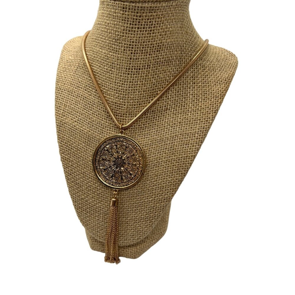 Gold Tone Medallion Pendant Necklace With Tassel Long Chain Adjustable 37" NWOT